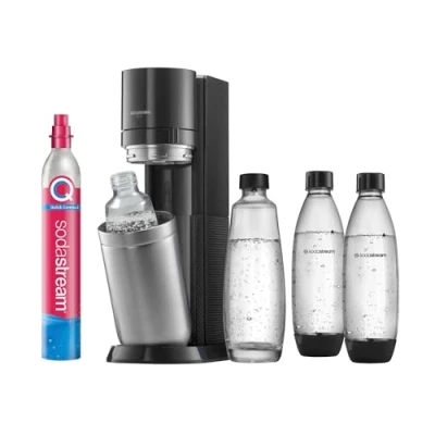 Obrázek SodaStream výrobník sody DUO s bombičkou CO2, 2x 1l skleněná láhev a plastová vhodná do myčky, výška: 44 cm, barva: titan, 29 x 25,6 44,4 cm