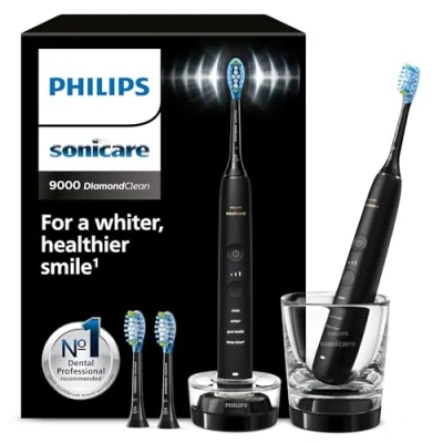 Obrázek Philips Elektrický zubní kartáček Sonicare DiamondClean 9000, dvojité balení, sonický s aplikací, tlakový senzor, 4 režimy čištění, 3 stupně intenzity, nabíjecí sklo, černý, model