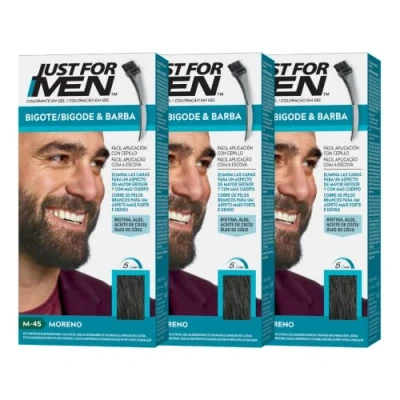 Obrázek Just For Men Barevný gel na vousy a knír, přirozený vzhled, dlouhotrvající, tmavě hnědé vlasy, M 45, 3 kusy