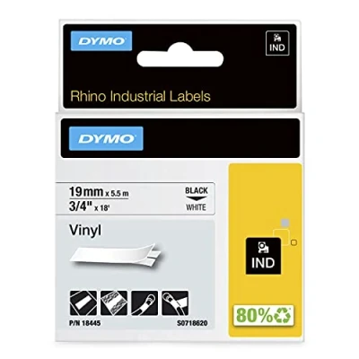 Obrázek DYMO Průmyslové vinylové etikety Rhino, 19 mm x 5,5 m, černé na bílé, samolepicí páska, pro popisovací zařízení Rhino a LabelManager
