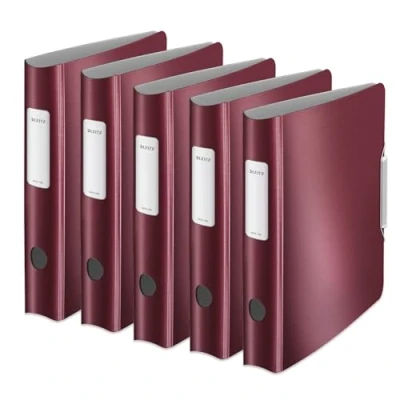 Obrázek Leitz Qualitäts Ordner 180 Active Style, 5er Pack, A4, Schmal, Granat Rot, Abgerundeter Rücken mit 6,5 cm Rückenbreite, Gummibandverschluss, Leichtes Polyfoam, 11090028