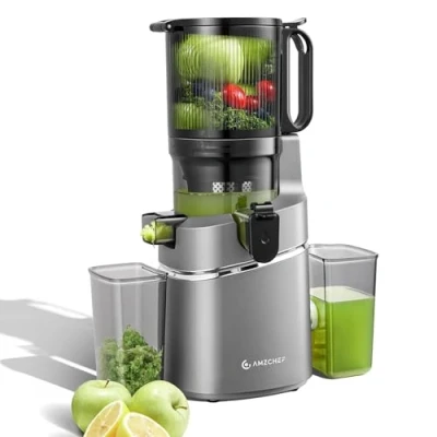 Obrázek AMZCHEF Automatický odšťavňovač All in One, otvor 135 mm a 1,8 l na zeleninu ovoce, 250 W Slow Juicer, vítěz testu s trojitým filtrem šedý