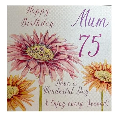 Obrázek WHITE COTTON CARDS wba75 Mum přání k narozeninám pro matku 75. narozeninám, nápis Happy Birthday 75 Have a Wonderful Day, s růžovou Gerbera, ruční výroba, bílá