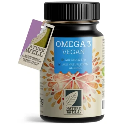 Obrázek omega 3 Vegan 60 kapslí ve vysokých dávkách, 2000 mg, olej z řas denně s 600 mg DHA a 300 EPA, veganský udržitelného pěstování jako alternativa rybího oleje, laboratorně testováno