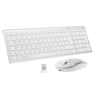 Obrázek Sada bezdrátové klávesnice a myši iClever bezdrátová myš ultra tenká dobíjecí pro PC/laptop/Smart TV, rozložení QWERTZ, bílá