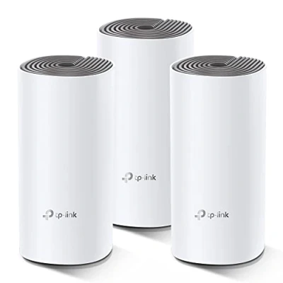 Obrázek TP Link Deco E4 Mesh WLAN Set (3er Pack), AC1200 Dual Band Router &amp; Repeater (Reichweite bis zu 370m², ideal für große Häuser mit mehreren Geräten, 6x 100Mbit/s Ports) weiß