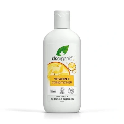 Obrázek Dr Organic Vitamin E kondicionér, suché a jemné vlasy, přírodní, veganské, bez pokusů na zvířatech, parabenů SLS, recyklovatelné z plastu vázaného v moři, recyklované, certifikováno Bio, 265