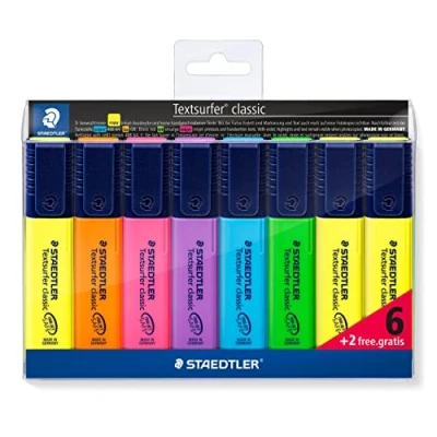 Obrázek STAEDTLER classic 364 A WP8 Textsurfer, vysoká kvalita, s velkou pamětí inkoustu pro extra dlouhý výkon značení, sada 8 zvýrazňovači, Promotion 6 + 2 zdarma, kusů (balení 1 ks)