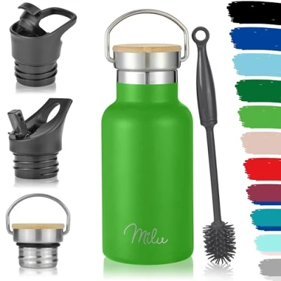 Obrázek Milu láhev na pití z ušlechtilé oceli 350 ml 500 750 1000 (+ 3 víka) Termoska s brčkem, izolovaná vodu pro děti, dospělé, cesty, odolná proti vytečení (jablkově zelená, ml)
