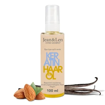 Obrázek Jean &amp; Len Olej na vlasy keratin, efekt proti krepatění, s rostlinným keratinem, pro suché a strukturálně poškozené vlasy, voní mandlí vanilkou, bez silikonů, veganský, 100 ml