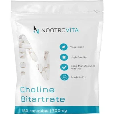 Obrázek cholin vysoká dávka 700 mg 180 kapslí 6 měsíců! Pro funkci jater, paměti, mozku a koncentraci Vegan bitartrát Vyrobeno v provozovnách certifikovaných dle ISO Nootrovita