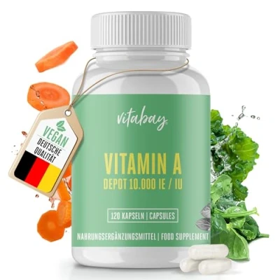 Obrázek Vitabay Kapsle s vysokým dávkováním vitaminu A 120 veganských kapslí vitaminem retinolem 10000 IU vitamíny pro oči, pokožku imunitní systém Vit Vegan laboratorně testováno