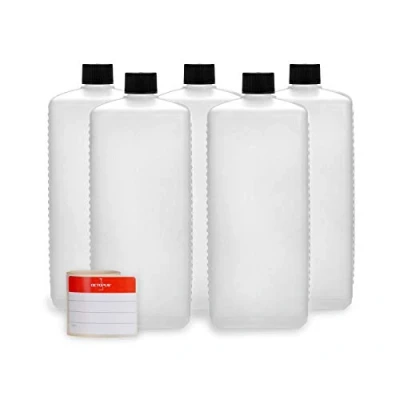 Obrázek Octopus 5 x 1000 ml plastové lahve, HDPE lahve s černými šroubovacími uzávěry, prázdné víčky, čtyřhranné vč. popisovacích štítků