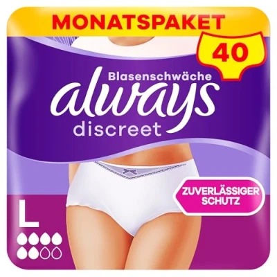 Obrázek Always Discreet inkontinenční kalhotky vel. L, normální, 40 kalhotek (4 x 10 kusů) pro dámy, měsíční balíček, okamžitě uzavřou pachy a tekutinu