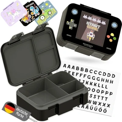Obrázek BEARFOOT Bento Box COMPACT Krabička na svačinu pro děti bez BPA do školy a školky oběd odolná proti vytečení dívky chlapce praktická, lehká kompaktní (game černá, 650 ml)