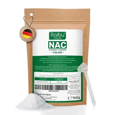 Obrázek Raibu NAC prášek 160 g v sáčku po dobu více než 6 měsíců acetyl L cystein nejlepší kvalitě N 100% čistý a vyroben Německu bez přísad