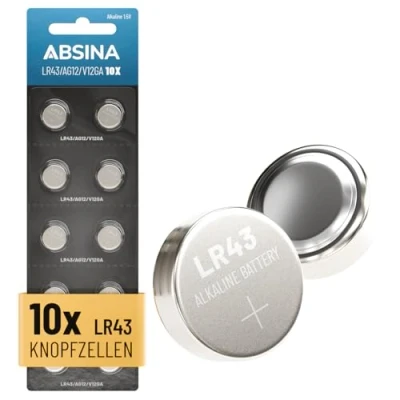Obrázek ABSINA 10x AG12 LR43 Batterien Knopfzellen 1,5V Alkaline auslaufsicher &amp; mit Langer Haltbarkeit LR 43/186 / LR1142 L1142 V12GA GPA76 RW84 Batterie Knopfzelle