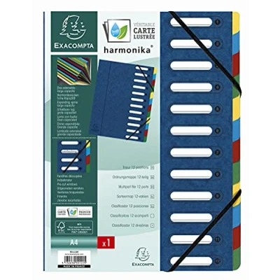 Obrázek Exacompta 55122E Premium pořadač Harmonika. Z extra silného kartonu Colorspan, DIN A4 12 přihrádek a 2 gumiček s okénkem indexovým pružným hřbetem desky na registry modré