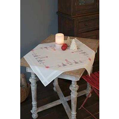 Obrázek Vervaco PN 0166603 Weihnachtlich Rot/Grau Bedruckte Tischdecke Stickset, Baumwolle, mehrfarbig, ca. 80 x cm / 32&quot;
