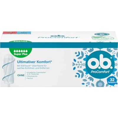 Obrázek o.b. ProComfort Super Plus (32 kusů), tampony pro velmi silné dny, povrch SilkTouch &amp; Dynamic Fit technologie větší komfort a spolehlivou ochranu během období