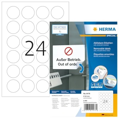 Obrázek HERMA 4476 univerzální etikety odstranitelné kulaté, 100 listů, Ø 40 mm, 24 na arch A4, 2400 kusů, samolepicí, potisknutelné, matné, prázdné papírové lepicí samolepky, bílá