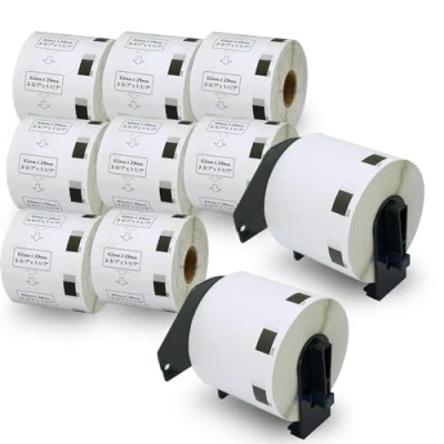 Obrázek BETCKEY 10 rolí DK 11209 malé adresní štítky kompatibilní s Brother, 62 mm x 29 mm, 8000 etiket pro tiskárny štítků Brother QL (2 opakovaně použitelné držáky štítků)