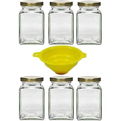 Obrázek Domácí potřeby Viva 6x hranatá sklenice na marmeládu / koření 260 ml se šroubovacím uzávěrem, sada sklenic s víkem jako zavařovací sklenice, dóza zásoby atd. (vč. nálevky)