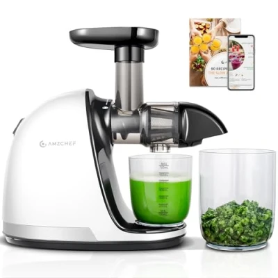 Obrázek AMZCHEF Odšťavňovač zeleniny a ovoce vítěz testu Slow Juicer s funkcí zpětného žvýkání Jemné drcení bez filtrování elektrický kartáčem 2 šálky čistě bílý