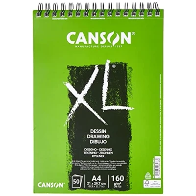 Obrázek CANSON XL kreslicí papír, lehká zrnitost, 160 g/m², na krátké straně spirálově vázaný blok, DIN A4 21 x 29,7 cm, bílý, 50 listů