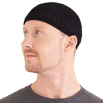 Obrázek CHARM Pletená bavlna Lebka Čepice Kufi Islám Modlitby Klobouk Háčkovaná síťka s lebkou Beanie Pánská pokrývka hlavy Pro každé období lovu, černá