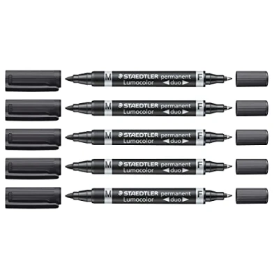 Obrázek STAEDTLER Permanentní popisovač Lumocolor permanent duo, s jemným a středně kulatým hrotem, odolný proti rozmazání vodě, rychleschnoucí, plnitelný, dlouhá životnost, 5 černých popisovačů,