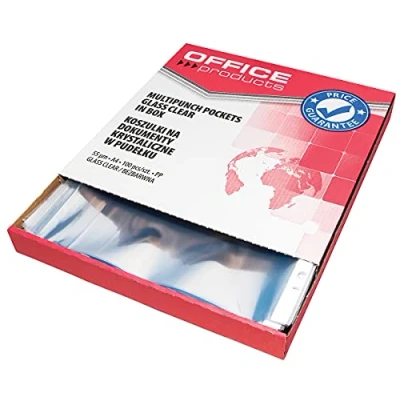 Obrázek OFFICE PRODUCTS Prospektové obaly / 100 kusů v krabici/DIN A4/ čiré horní průhledné děrované plastové pouzdro na dokumenty, papíry, pořadače, PP/transparentní 55 mikronů