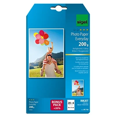 Obrázek SIGEL IP718 InkJet fotopapír 10 x 15 cm, 20 + 4 listy zdarma, vysoký lesk, bílý, 200 g, pro vysoce kvalitní fotografie