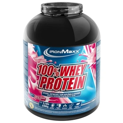 Obrázek IronMaxx 100% Whey Protein prášek třešeň jogurt 2,35 kg dóza s redukcí cukru, ve vodě rozpustný proteinový ze syrovátkového proteinu mnoho různých příchutí