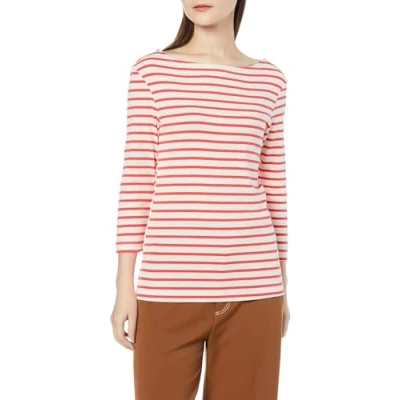 Obrázek Amazon Essentials Damen Einfarbiges T Shirt mit U Boot Ausschnitt und 3/4 Ärmeln in schmaler Passform, Korallenorange Gebrochenes Weiß Streifen, M