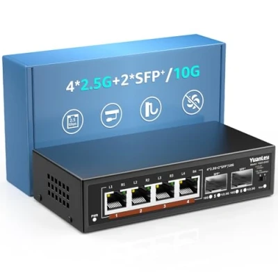Obrázek 6 portů 2. 5G Nespravovaný ethernetový spínač, 4 x 2,5G Base T porty, 2 10G SFP, 100/1000/2500M kompatibilní, kov bez ventilátoru, Desktop/montáž na stěnu YuanLey 5Gbe síťový přepínač pro
