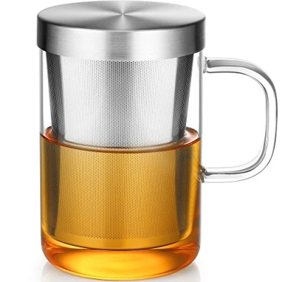 Obrázek ecooe 500 ml (plná kapacita) skleněný šálek se stříbrným sítkem z ušlechtilé oceli a víkem Čajový hrnek borosilikátového čajového šálku