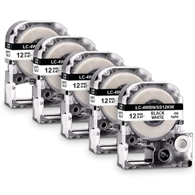 Obrázek 5x Labelwell 12MM kompatibilní náhradní páska pro LC 4WBN9 SS12KW černá na bílé Práce LabelWorks LW 300 300L C410 400 600P 500 900P 700 1000 OK200