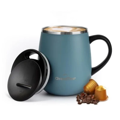 Obrázek GRANDTIES Insulated Coffee Mug with Handle Sliding Lid for Splash Proof 16 oz Wine Glass Shape Thermal Tumbler Double Walled Vacuum Stainless Steel to Keeps Beverages Hot or Cold Atlantis Blue