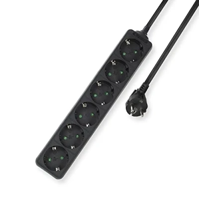 Obrázek ACT zásuvková lišta se 6 přihrádkami, 3m kabel, vícenásobná zásuvka černá s dětskou pojistkou, rozvodná úhlem 45 stupňů AC2460