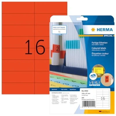 Obrázek HERMA 4552 barevných etiket červeně odstranitelných, 20 listů, 105 x 37 mm, 16 kusů na arch formátu A4, 320 nálepek, samolepicí, k potisku, matné, prázdné barevné etikety z papíru