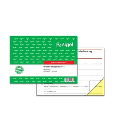 Obrázek SIGEL SD045 žádost o dovolenou A5 na šířku, 2 x 40 listů, propisující, 1 kus, mikroperforovaný, z udržitelného papíru
