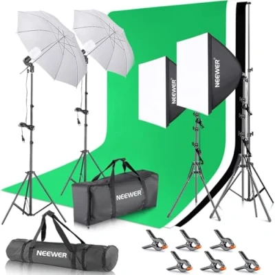 Obrázek NEEWER Sada pro foto studio s pozadím fotografie: 8,5 ftx10 ft systém pozadí, 800 W ekvivalentní 5700K LED deštník a softbox, studiové světlo se zelenou obrazovkou pozadí portrét fotografie