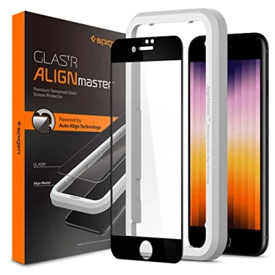 Obrázek Spigen AlignMaster ochranná fólie kompatibilní s iPhone SE 3 (2022), 2 (2020), 8, 7, plné zakrytí, odolná proti poškrábání, tvrdosti 9H