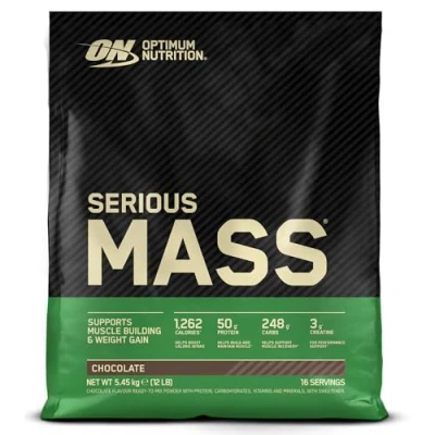 Obrázek Optimum Nutrition Sériová hmota vysoce kalorický proteinový prášek pro tvorbu hmoty s 25 vitamíny a minerály, kreatin monohydrát glutamin, čokoládová příchuť, 16 porcí, 5,45 kg