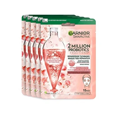 Obrázek Garnier Opravující textilní maska, obličejová maska proti suché, bledé a matné pokožce, pro více lesku vlhkosti, SkinActive 2 miliony probiotik, balení 5 ks