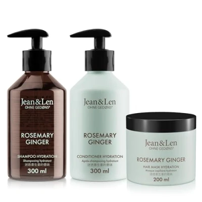 Obrázek Jean &amp; Len Sada pro péči o vlasy Rosemary Ginger suché a lesklé vlasy, hydratační šampon, kondicionér vlasová kůra v sadě, kořeněná vůně, bez parabenů silikonů, 2 x 300 ml + 1 200