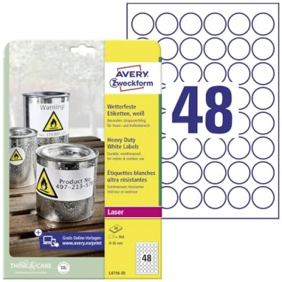 Obrázek AVERY Zweckform L4716 20 Fóliové etikety odolné proti povětrnostním vlivům (960 lepicí etikety, Ø 30 mm na A4, extrémně silně samolepicí, voděodolné, odolné, potištěná venkovní fólie) listů,