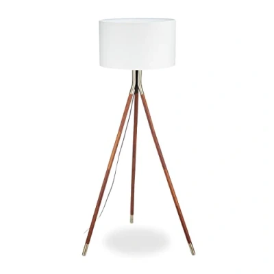 Obrázek Relaxdays, bílá/hnědá stojací lampa obývací pokoj, 3 dřevěné nohy, konstrukce s mosaznou povrchovou úpravou, látkové stínidlo Ø 48 cm, výška 150 standard, 10024804
