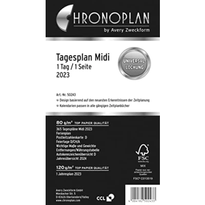 Obrázek Chronoplan 50243 kalendářová vložka 2023, denní plán ve formátu midi (96 x 172 mm), náhradní kalendář, ideální pro detailní plánování, vícenásobné děrování (1 den na 1 straně), bílá